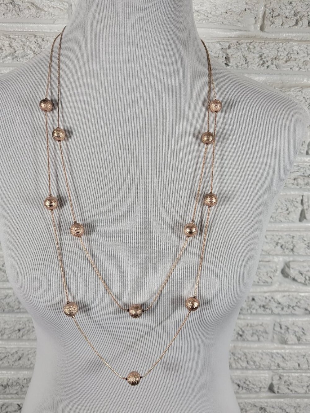 Rose Gold Tone Layered Multi Strand Long Station Necklace Textured Bead N35E